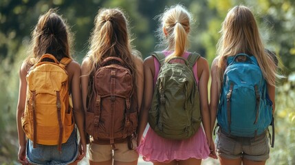 Four young women with backpacks walking away on countryside road