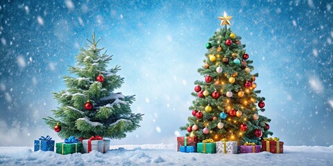 A festive Christmas tree with colorful presents under it on a snowy winter day