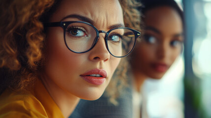 Focused close-up of two female executives in a meeting, reviewing business strategies