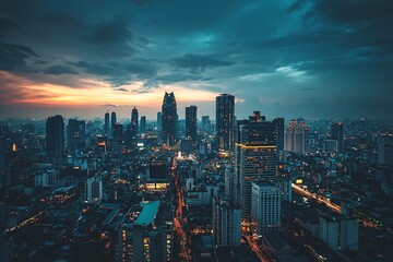 Naklejka premium A modern metropolis glows at twilight, featuring innovative structures and vibrant streets under a deepening twilight.