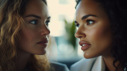 Naklejka premium Focused close-up of two women in a corporate environment, deeply engaged