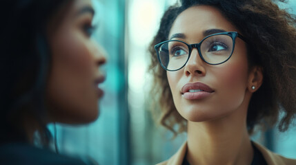 Focused close-up of two women in a corporate environment, deeply engaged