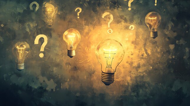 Illuminated Light Bulb Against a Background of Question Marks