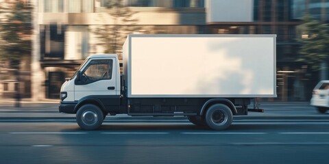 Blank Canvas on Wheels: Small Truck with Empty White Panel Traversing City Streets. Mobile Advertising Template for Urban Marketing Campaigns. Creative Commercial Vehicle Concept for Versatile Brand P
