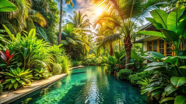 A stunning tropical getaway featuring lush greenery, natural light, calming colors, and serene botanical surroundings