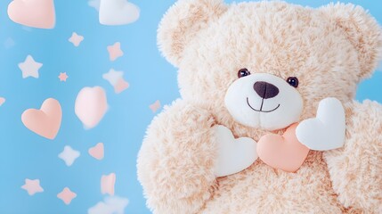 Soft and fluffy teddy bear in a double exposure with pastel hearts and stars, creating an adorable and dreamy design