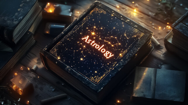 A mystical astrology book illuminating with stars, suitable for events related to spirituality and new age practices.
