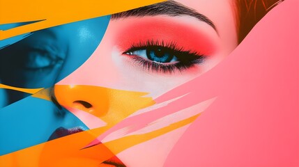 Explosive double exposure of colorful pop art and comic action scenes, with exaggerated expressions and bold graphic lines