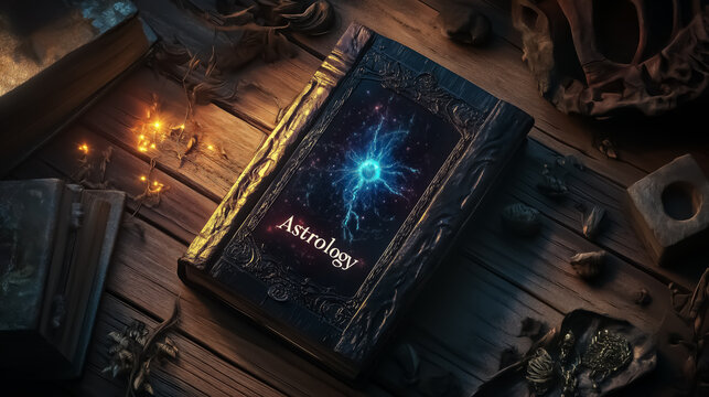 A beautifully styled astrology book surrounded by cosmic elements, ideal for decor related to astrology events or mystical themes.
