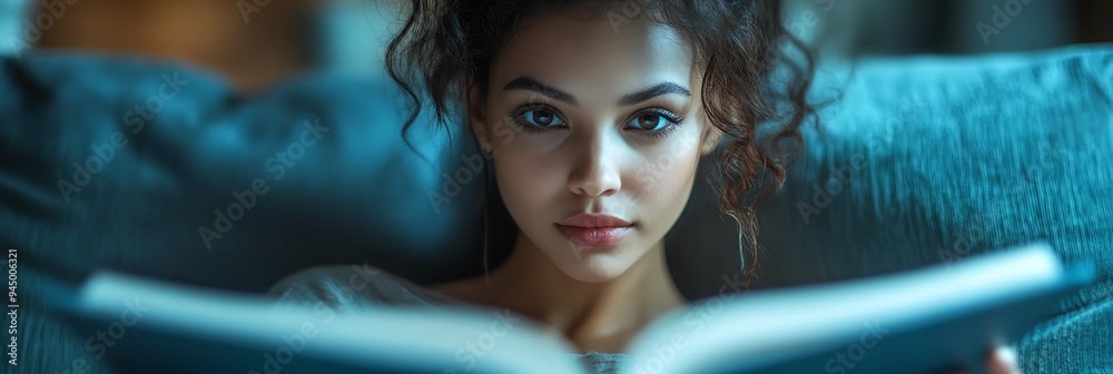 Poster a woman reading a book on a couch with a blue background