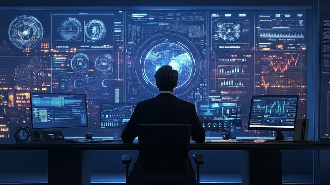 Businessman Analyzing Data on Multiple Screens with Globe and Charts