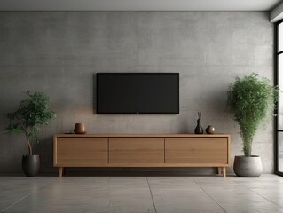 Modern Living Room with TV, Console, and Plants