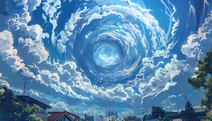 beautiful anime sky background with spiral clouds