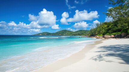 Obraz premium Gorgeous Seychelles beach with immaculate white sand and tranquil waters under a bright