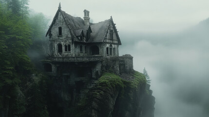 Half-ruined medieval chalet in a foggy forest, explosion damage reveals the interior, perched