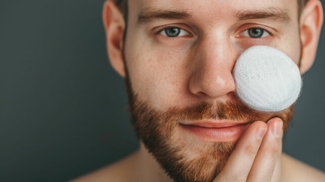 Close up of a man s face as he carefully applies facial toner with a soft cotton pad creating a deep blurred background for a focused serene personal care moment