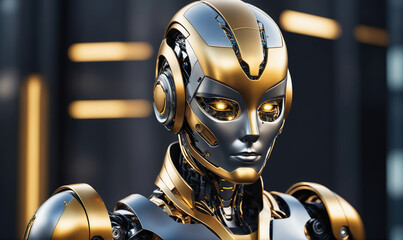A metallic robot with a gold and silver head stares directly at the camera in front of a blurred background