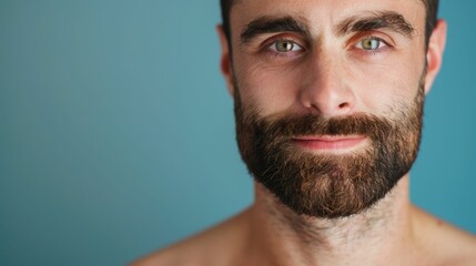 Obraz premium Closeup portrait of a handsome young man with a full beard against a blue background with the concept of skincare tips written on a board in the background