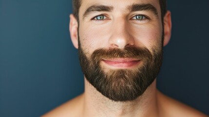 Obraz premium Closeup portrait of a handsome bearded man smiling and showcasing skincare tips or advice written on a minimalist deep blue background The image conveys a sense of wellness personal care