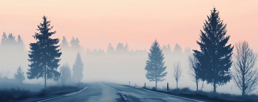 Misty morning road through a forest with tall pine trees.