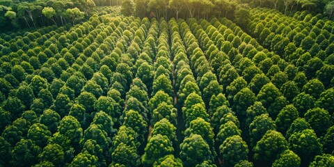Fototapeta premium Aerial view of a lush green forest with dense trees. The vibrant greenery and natural light create a breathtaking and expansive landscape