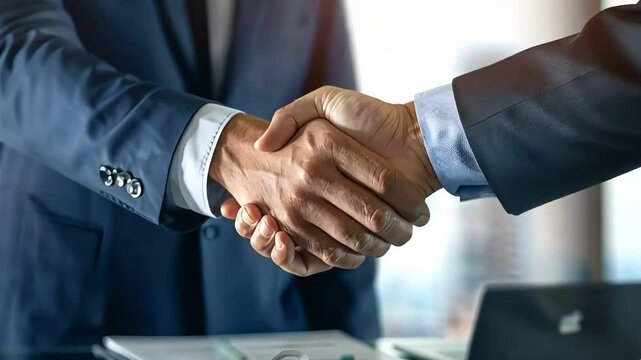 Two businessmen shaking hands, symbolizing a successful deal or partnership.