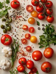 Flat lay of Gazpacho ingredients on beige background, organized knolling style