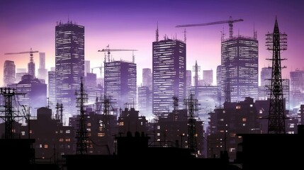 Naklejka premium Silhouetted Cityscape Under a Purple Sky