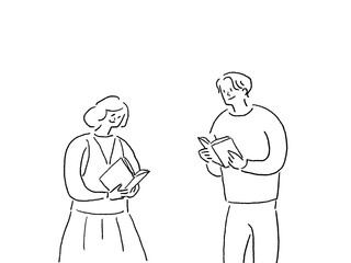 本を読む男性と女性、線画