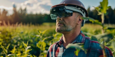 Fototapeta premium men's closet using vr technology in green garden, use of technology in agriculture, with copy space area