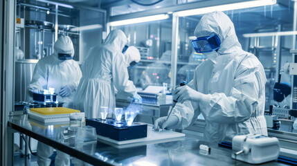 clean room in a semiconductor lab with engineers in protective suits using laserguided machinery to create microchips