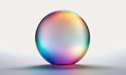 Fototapeta premium A large, iridescent sphere sits on a white surface, reflecting rainbow colors