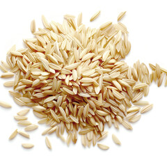 Obraz premium Pile of rice on white background. Long grains of raw white rice. Close-up pile of organic Rice. Top view