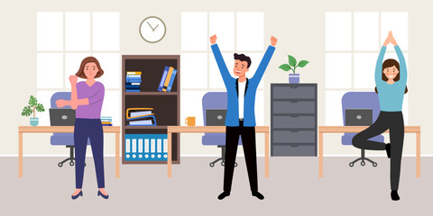 Group office employee workout in flat design. Company staffs doing exercise characters. Workers health and wellbeing care. Break from work, Stress relief.