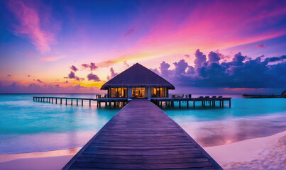 Obraz premium A wooden pier leads to a thatched-roof bungalow on stilts over turquoise water, with a vibrant sunset sky in the background