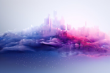 generated illustration of cubes are forming a futuristic cityscape in blue and purple light