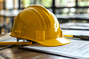 yellow safety helmet on the desk. Concept Construction Industry Partnership