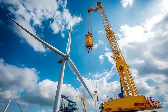 A crane lifts a wind turbine tower section into place. The area is filled with construction equipment and workers
