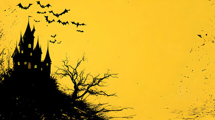 Obraz premium Halloween Haunted Castle Silhouette on Yellow Grunge Background