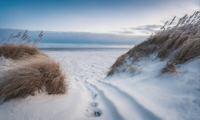 A snowy beach with tall grass blowing in the wind, creating a pathway to the ocean