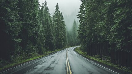 A winding road through a misty evergreen forest.