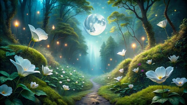 Ancient secrets unfold amidst whispers of mystique, as moonbeams carve an ethereal path through fog and silk-like moss, surrounded by shimmering moonflowers and fluttering butterflies.