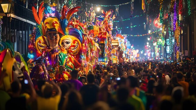 A brightly decorated Mardi Gras float with revelers in the streets