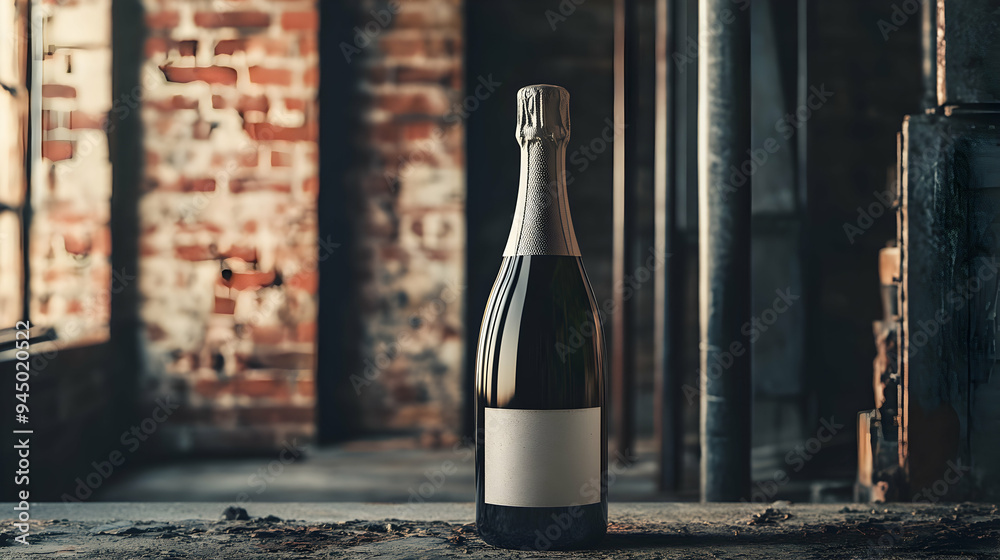 Wall mural A bottle of champagne with a label mockup, set in an industrial environment with metal surfaces and exposed brick