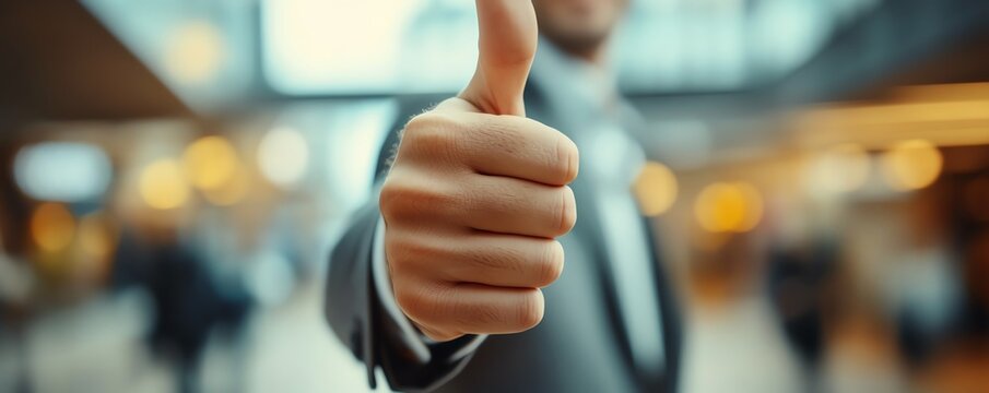 Boss s hand giving thumbs up to employee, closeup, expressing approval and encouragement after task completion