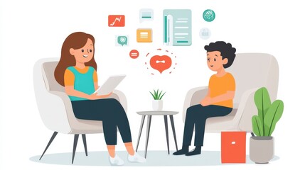 A therapist and child engage in a conversation, surrounded by supportive visuals.