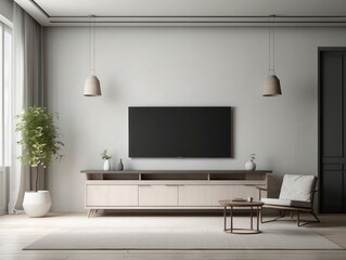 Modern living room with a flat-screen television, a wooden cabinet, and a white armchair