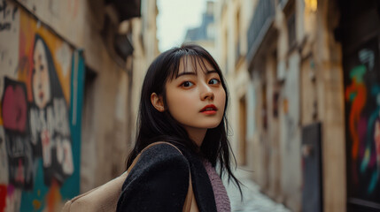 Naklejka premium Korean girl exploring the artistic streets of Le Marais, with its eclectic mix of old-world
