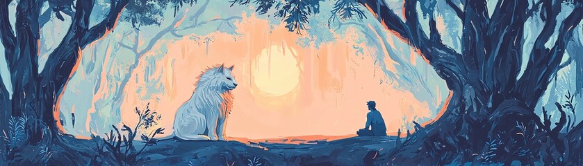 A mystical wolf sits beneath a tree, watching a person meditating in front of a bright sunrise.