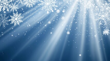 Blue background with white snowflakes and rays of light. Space for text. Winter season, holiday celebration. background for the design